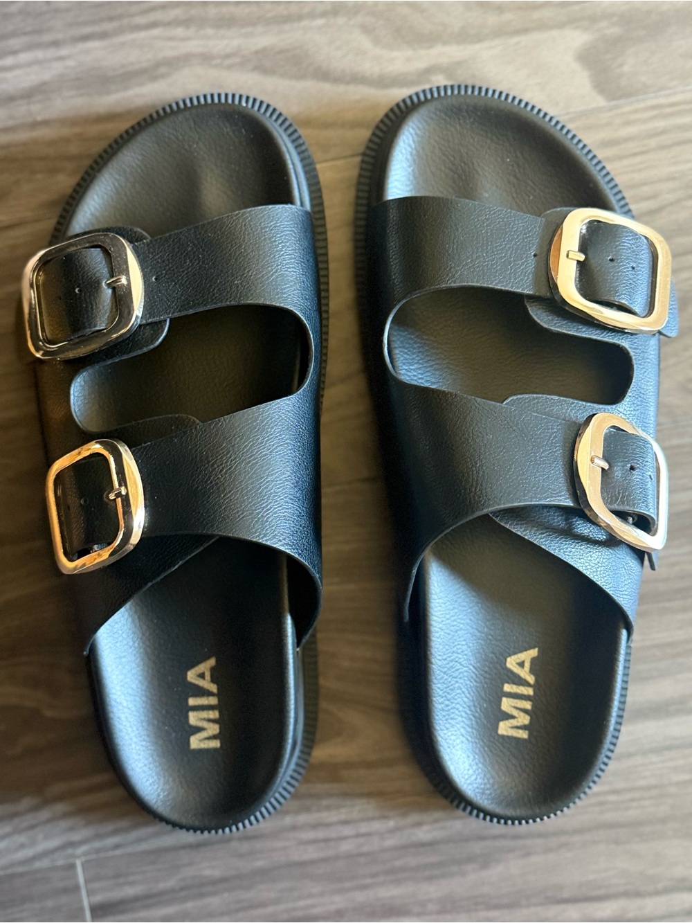 MIA Black Slide Sandals with Gold Buckles